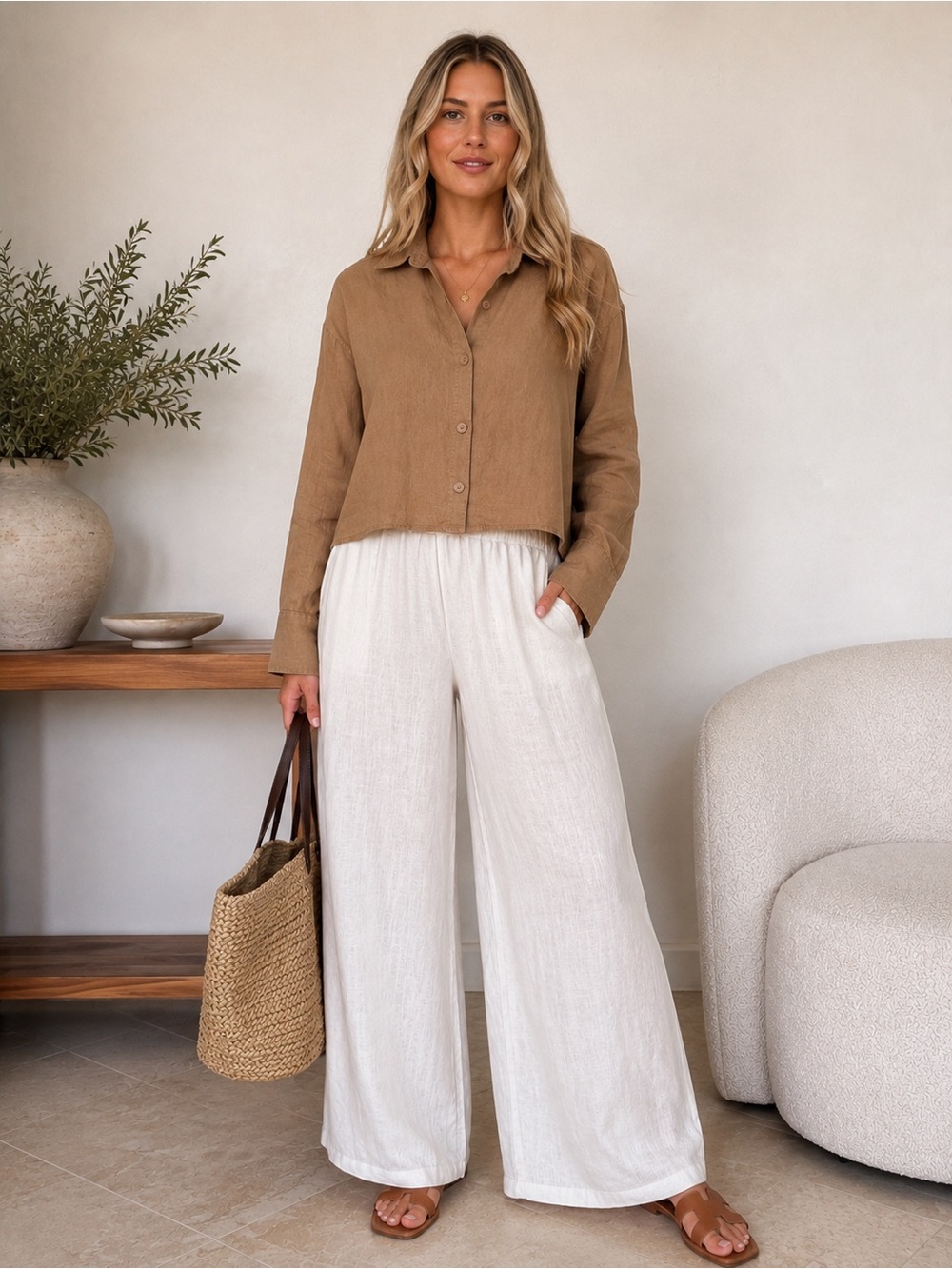 Zara Camel-Tan Button-Front Relaxed Linen Short Shirt